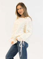 Lyla + Luxe Lydia Crewneck Pullover Sweater in White/Pink Ribbon Front and Side View