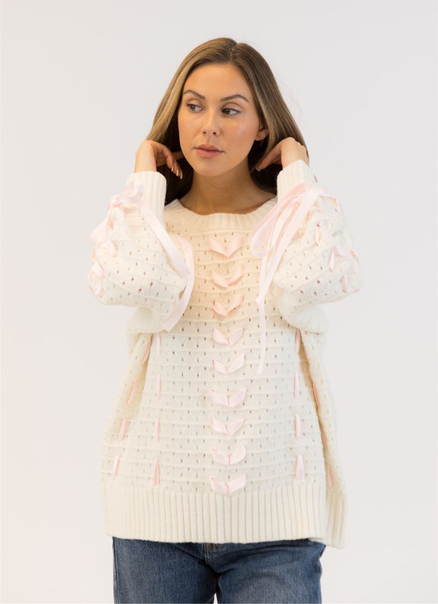 Lyla + Luxe Lydia Crewneck Pullover Sweater in White/Pink Ribbon Front View