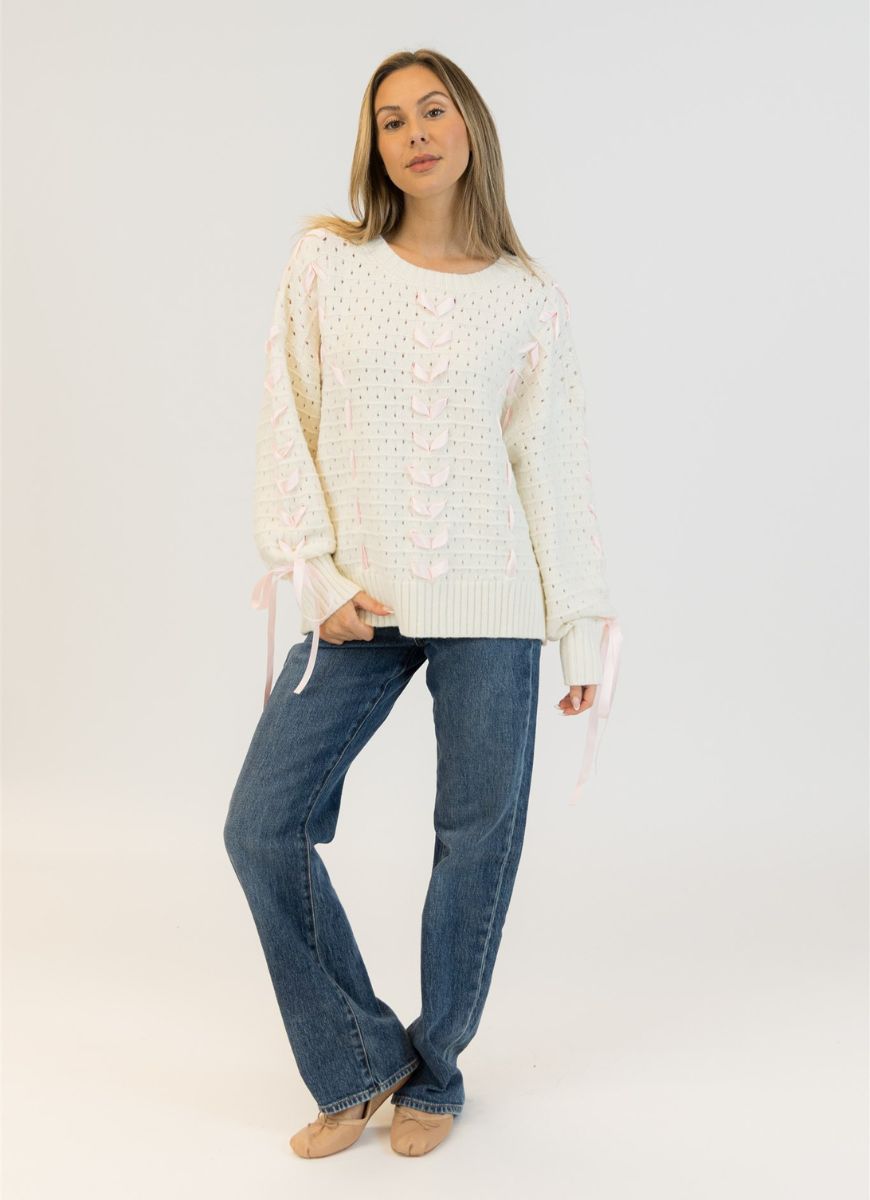 Lyla + Luxe Lydia Crewneck Pullover Sweater in White/Pink Ribbon Full Length Front View