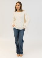 Lyla + Luxe Lydia Crewneck Pullover Sweater in White/Pink Ribbon Alternate Full Length Front View