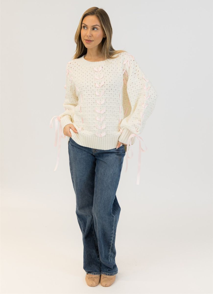 Lyla + Luxe Lydia Crewneck Pullover Sweater in White/Pink Ribbon Alternate Full Length Front View