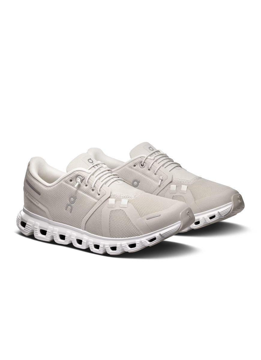 On Women's Cloud 6 Sneaker in Pearl/White Angled Side View