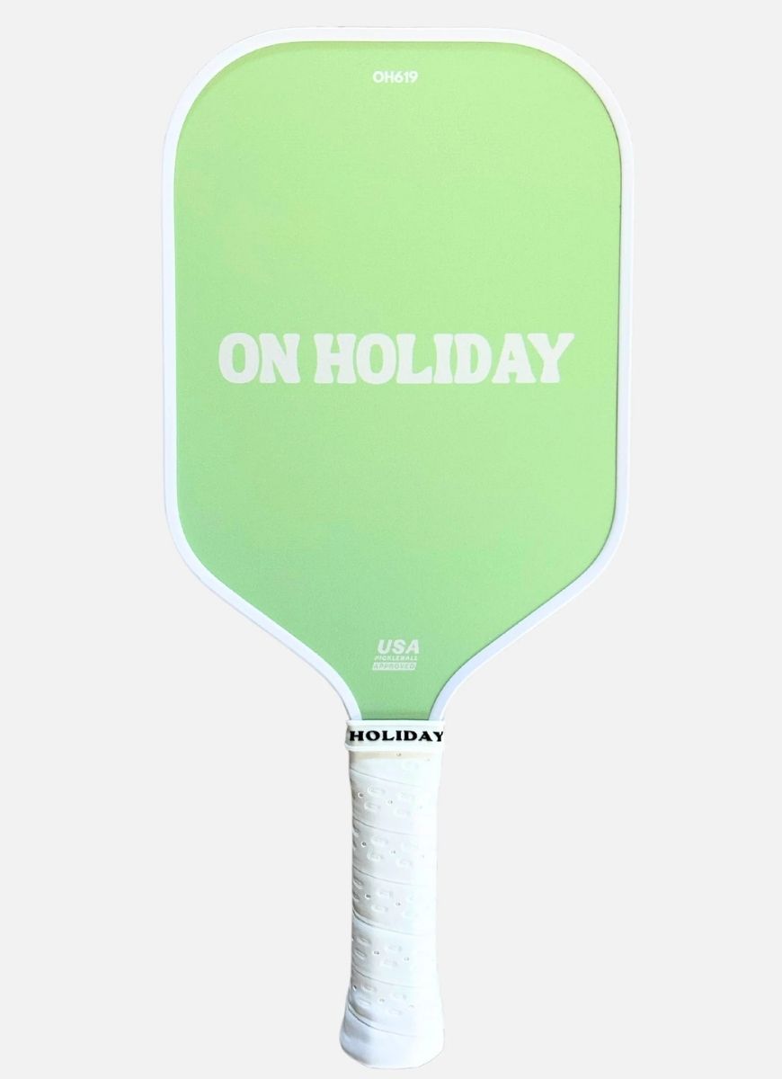 On Holiday Performance Lime Pickleball Paddle Showing Logo Side