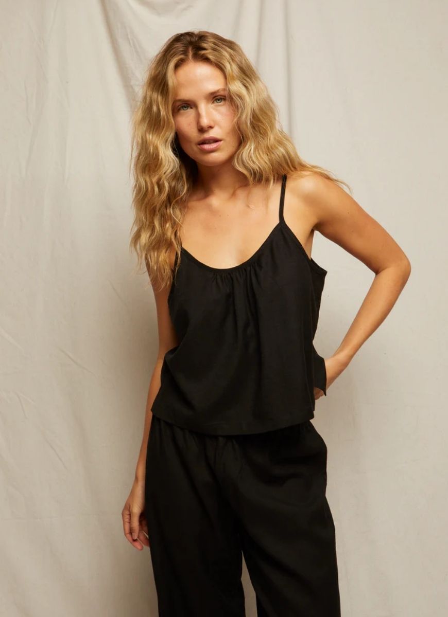 perfectwhitetee Paulette Woven Linen Tank in Black