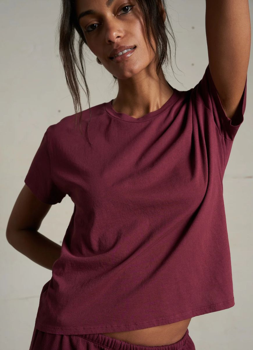 perfectwhitetee Harley Crew Tee in Dark Burgundy Close Up Front View