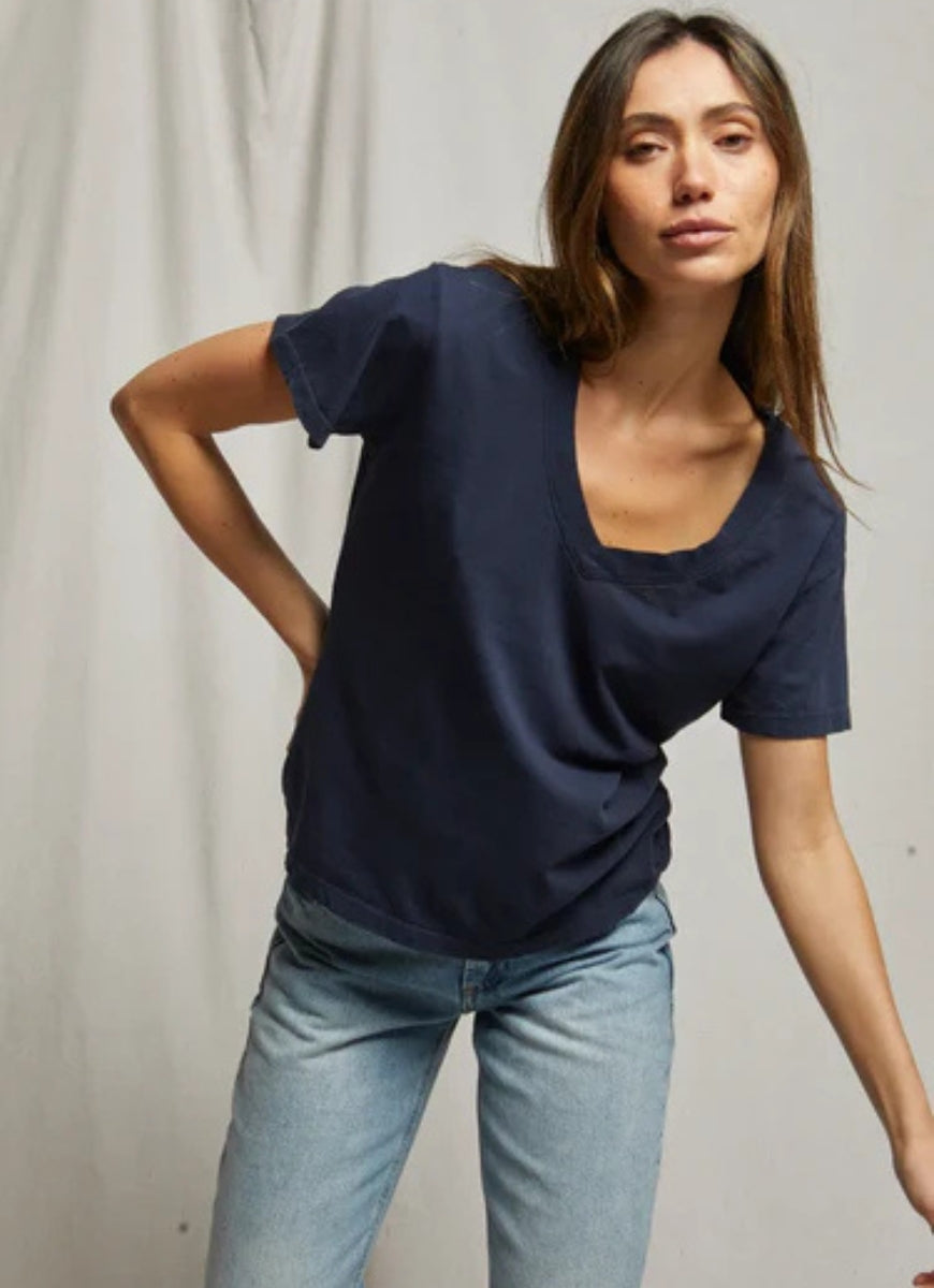 perfectwhitetee Hendrix V Neck Tee in Navy Front View