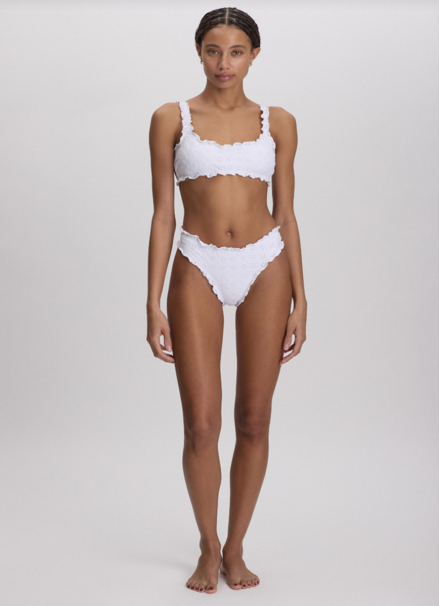 Polo Ralph Lauren Ruffle High Leg Scoop Bikini Bottom in White Full Length Front View