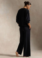 Polo Ralph Lauren Crew Neck And Wide Leg Pant Set in Black Full Length Back View