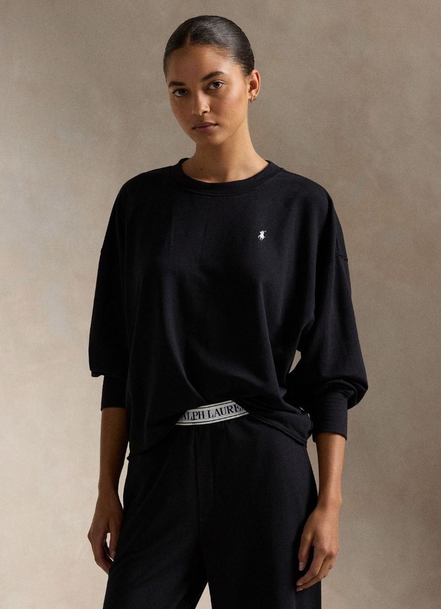Polo Ralph Lauren Crew Neck And Wide Leg Pant Set in Black Front View