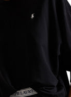 Polo Ralph Lauren Crew Neck And Wide Leg Pant Set in Black Close Up View of Polo Logo