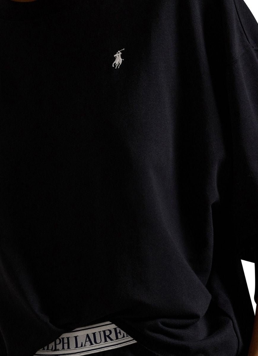 Polo Ralph Lauren Crew Neck And Wide Leg Pant Set in Black Close Up View of Polo Logo