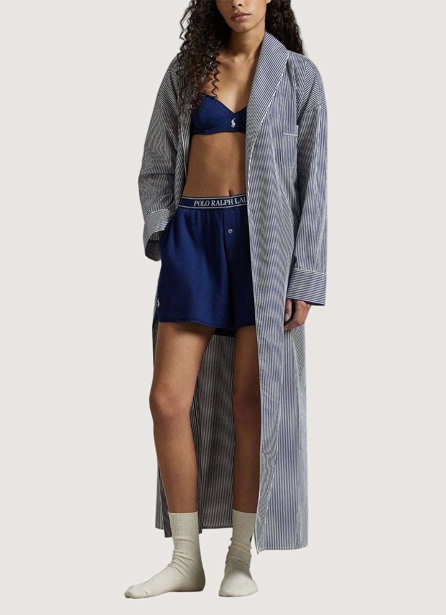Polo Ralph Lauren Heritage Robe in White Cloud Beacon Blue Front View Shown Open