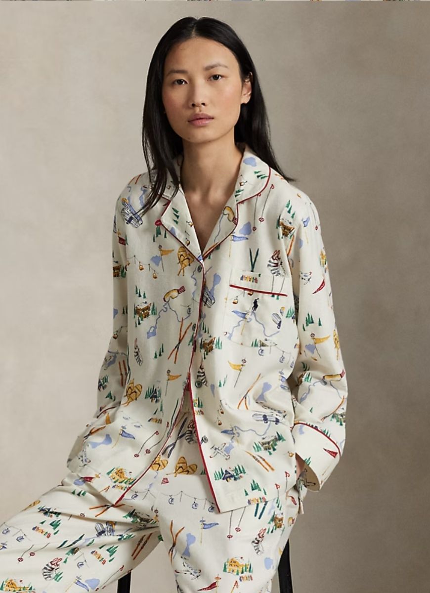 Polo Ralph Lauren Madison PJ Set in Traveller Ski Print Front View With Model Sitting on a Stool