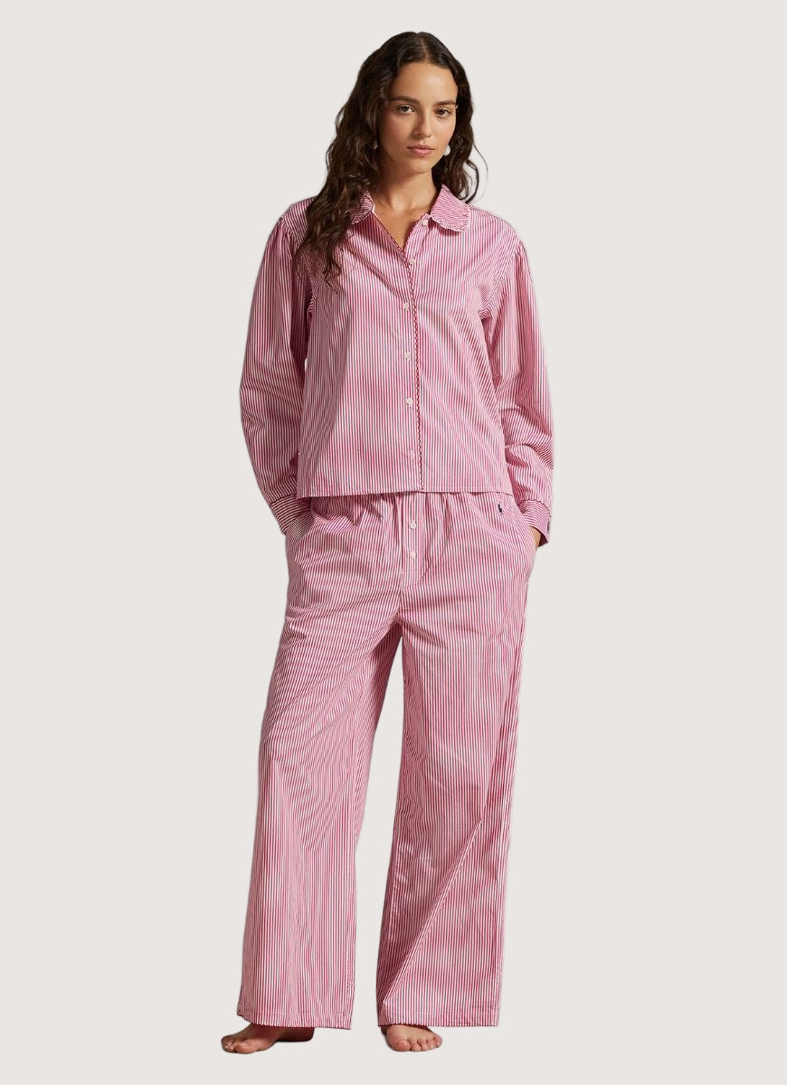 Polo Ralph Lauren PJ Set With Whipstitch in College Pink Stripe Full Length Front View