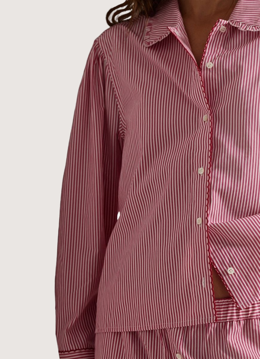 Polo Ralph Lauren PJ Set With Whipstitch in College Pink Stripe Close Up View