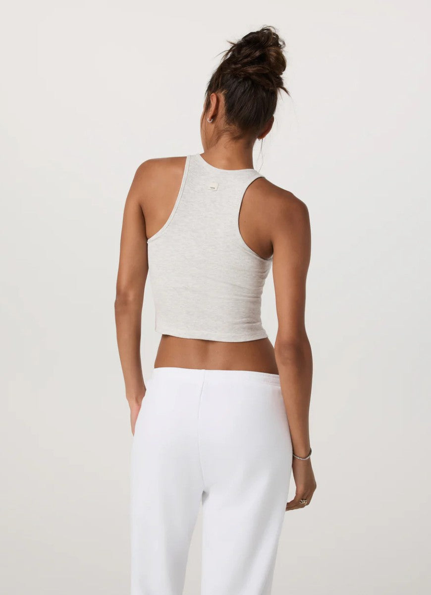 Vuori Women's Pose Plyo Tank in White Heather Back View