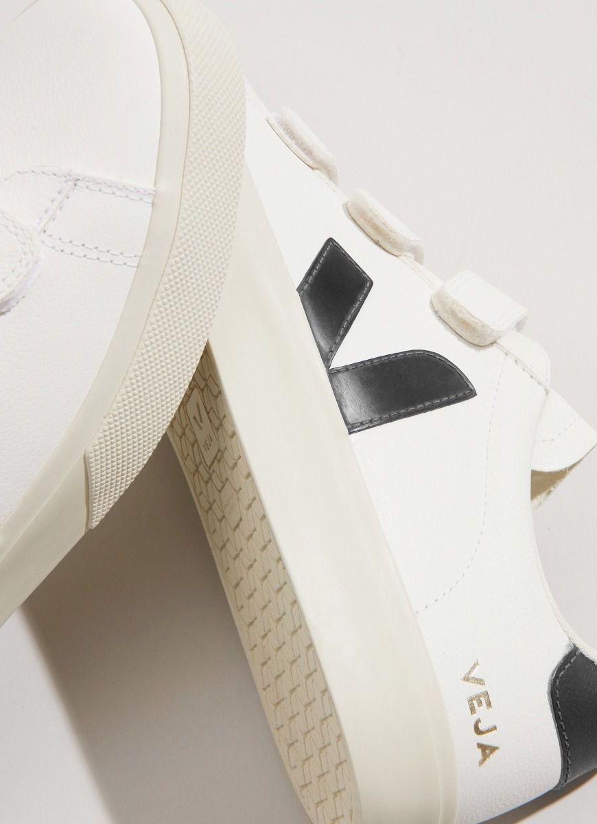 Veja Recife Women's Velcro Sneaker in White/Black Close Up Side View of Logo