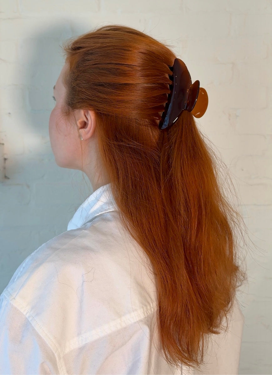 Claw Hair Clip in Brown Side View Shown in Hair