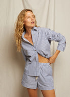 perfectwhitetee Riley Woven Striped Short in Chambray Stripe Front View