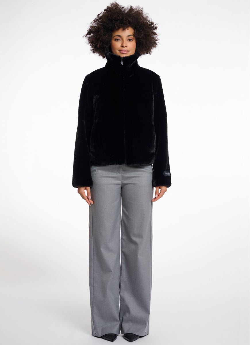 Rino & Pelle Sallie Faux Fur Jacket in Black Full Length Front View