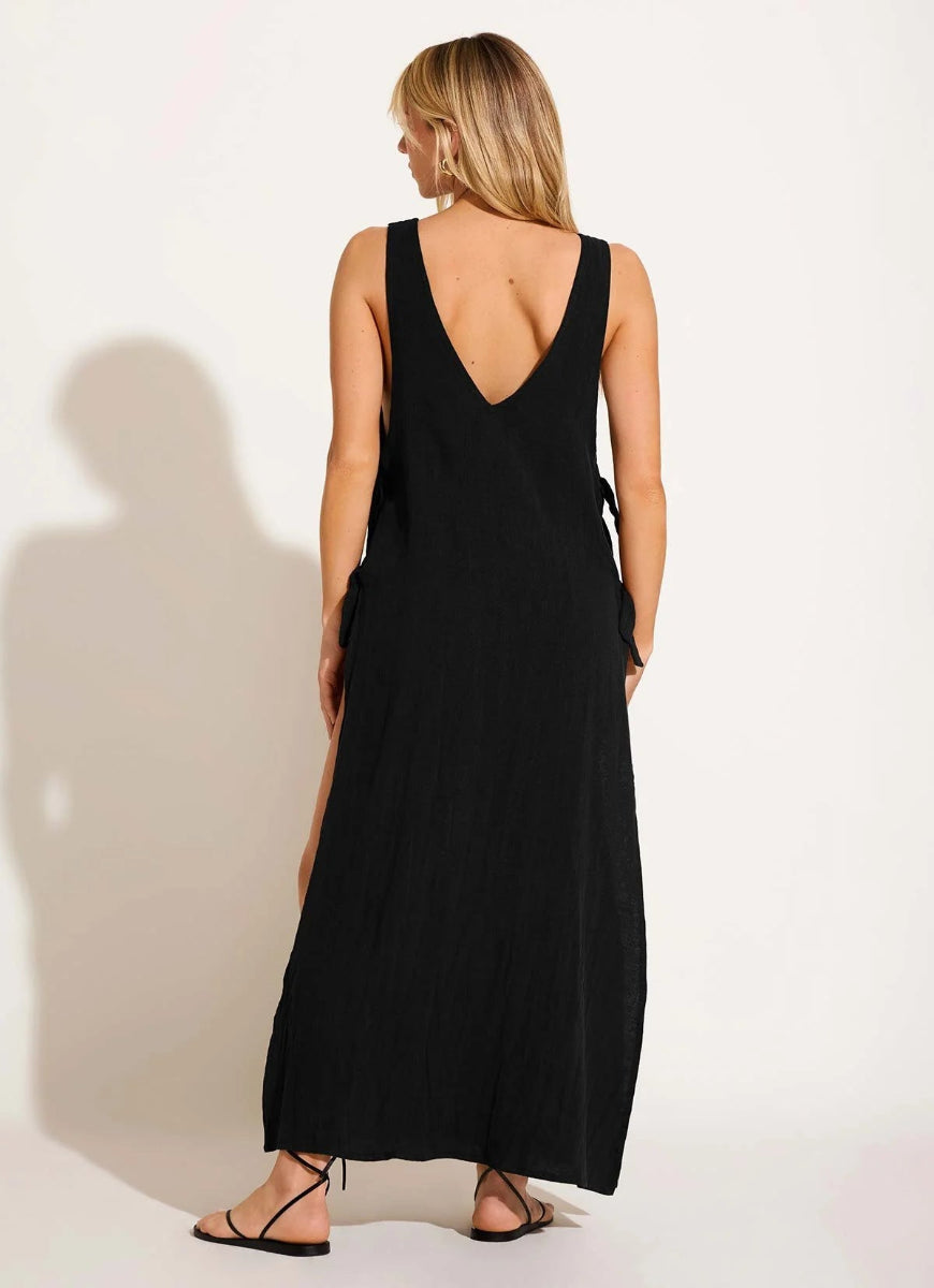 Vitamin A Riviera Linen Dress in Black Full Length Back View
