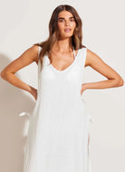 Vitamin A Riviera Linen Dress in White Close Up Front View
