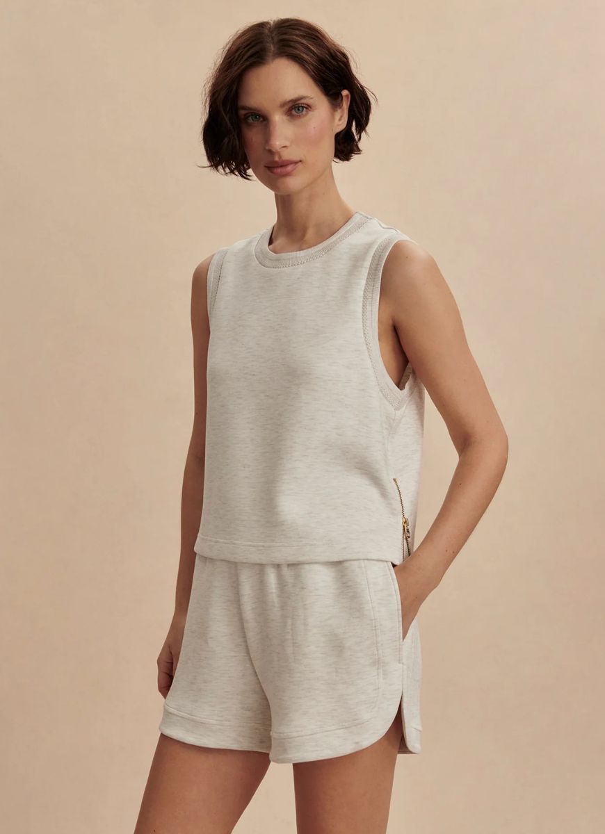 Varley Shea Crop Tank in Ivory Marl Front View
