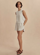 Varley Shea Crop Tank in Ivory Marl Full Length Angled Side and Front View