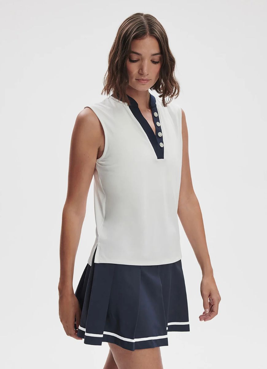Varley Shelby Performance Tank Top in White/Blue Nights Angled Side and Front View