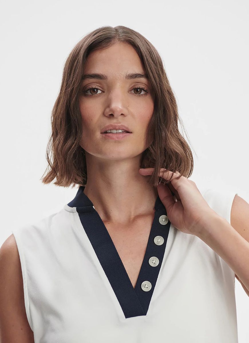 Varley Shelby Performance Tank Top in White/Blue Nights Close Up Front View of Neckline