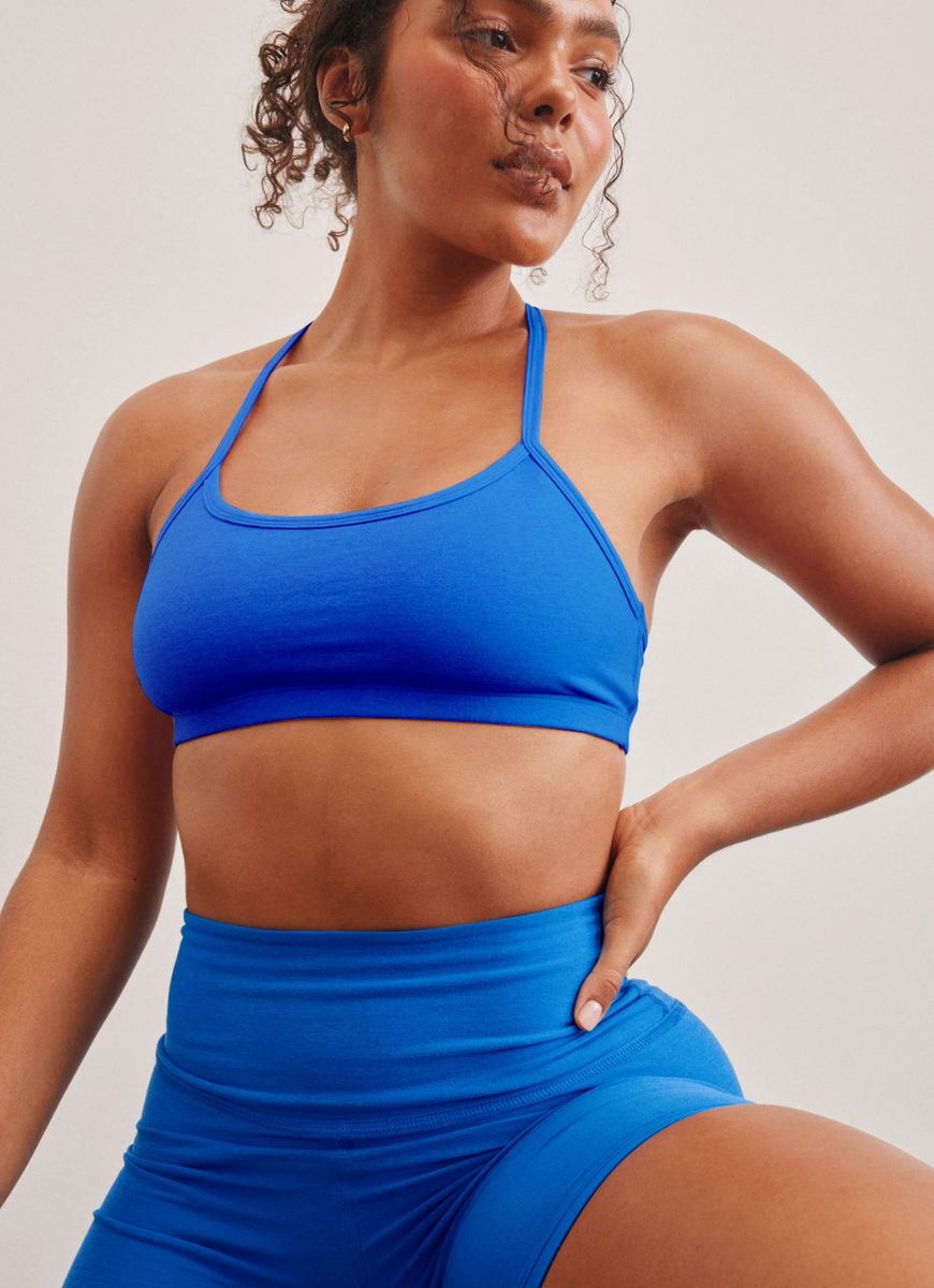 Beyond Yoga Spacedye Slim Racerback Sports Bra in Blue Heather