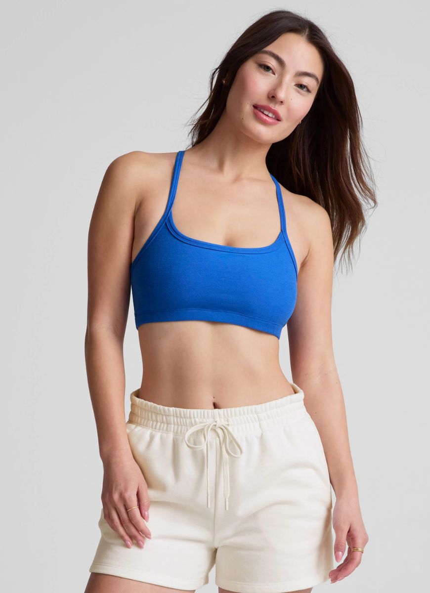 Beyond Yoga Spacedye Slim Racerback Sports Bra in Blue Heather Front View