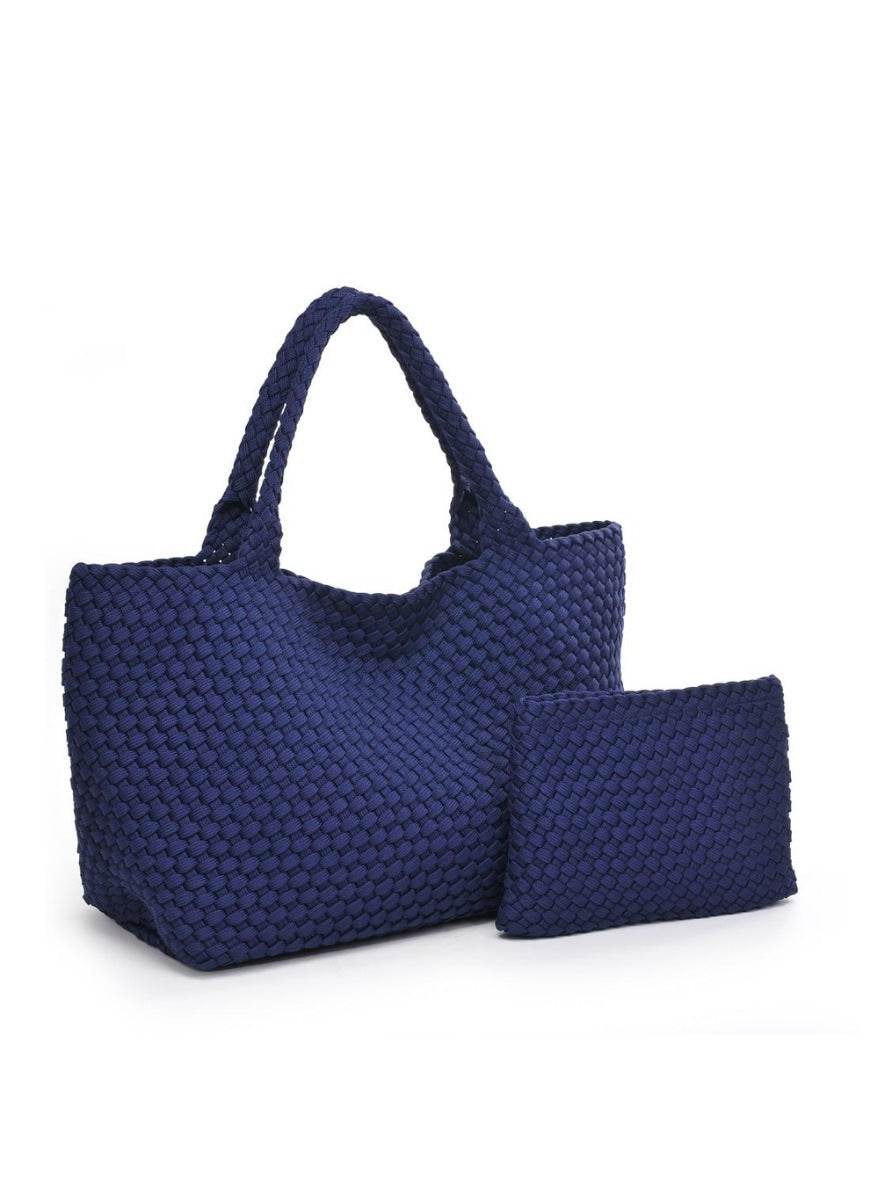 SOL AND SELENE Sky’s The Limit - Large Sustainable Tote Bag in Navy Shown Together With Inner Pouch