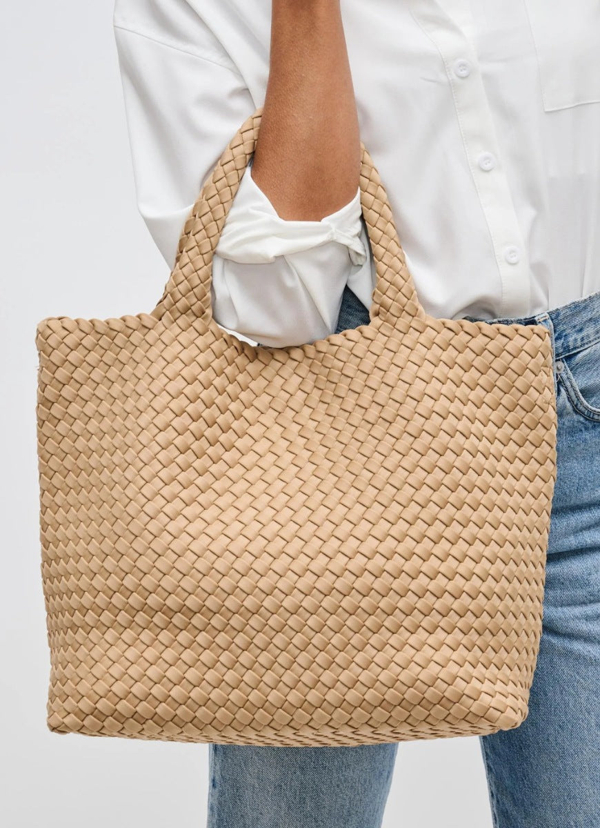 SOL AND SELENE Sky’s The Limit - Medium Tote Bag in Nude Front View Shown on Models Arm
