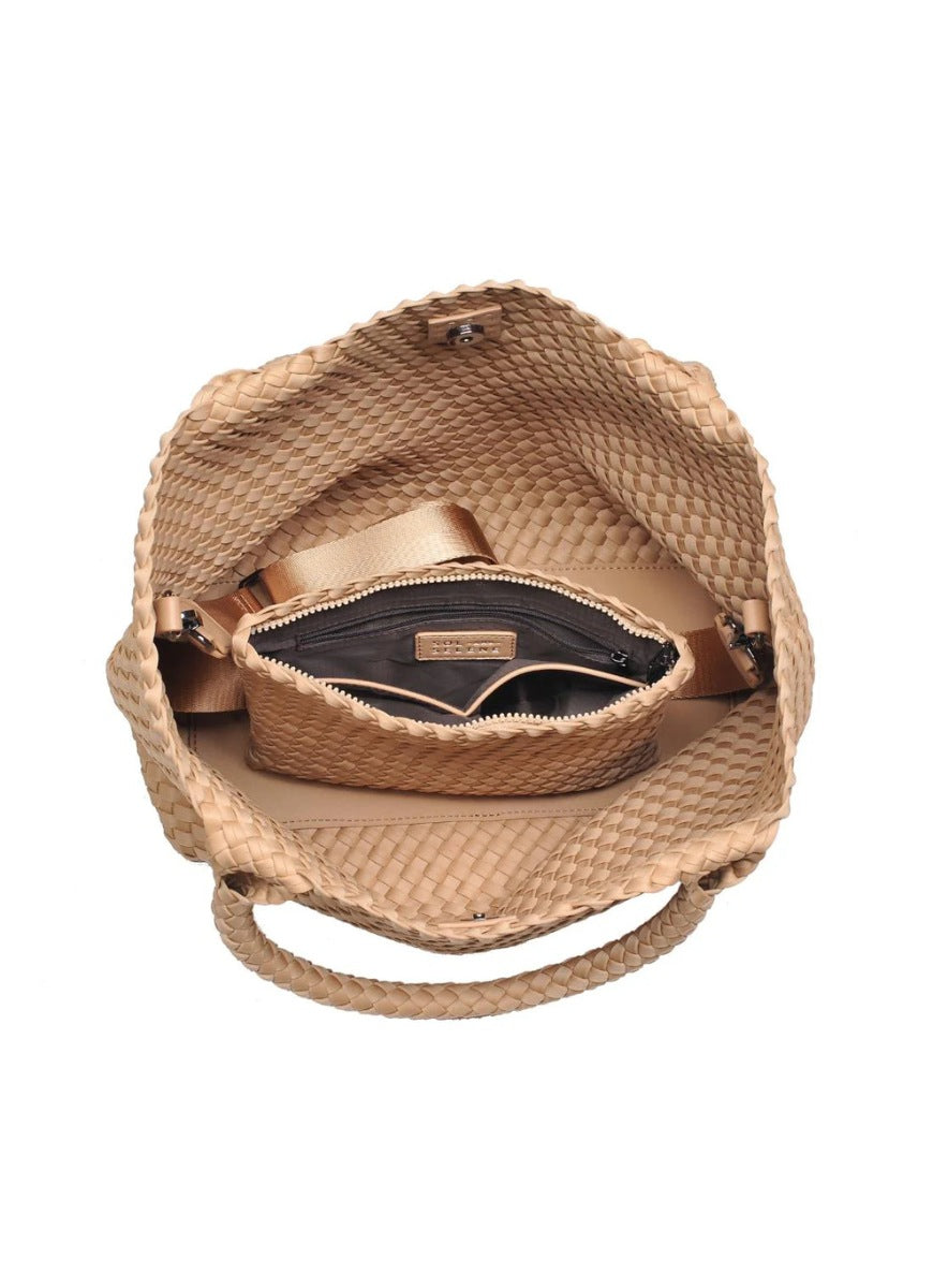 SOL AND SELENE Sky’s The Limit - Medium Tote Bag in Nude Top View Shown Unzipped