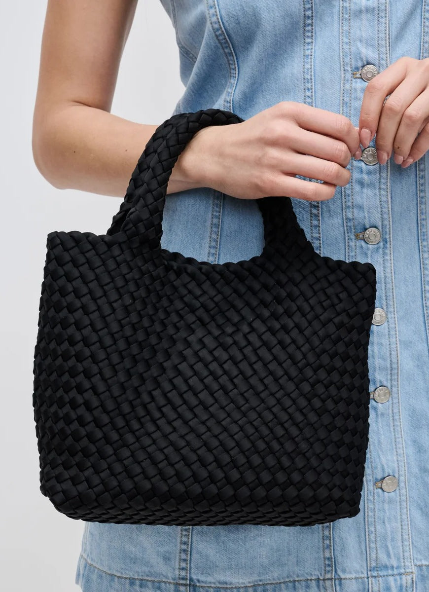 SOL AND SELENE Sky’s The Limit - Small Crossbody Bag in Black Front View Shown on Models Arm