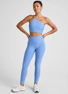Beyond Yoga Spacedye One Shoulder Long Line Sports Bra in Flower Blue Heather Full Length Front View