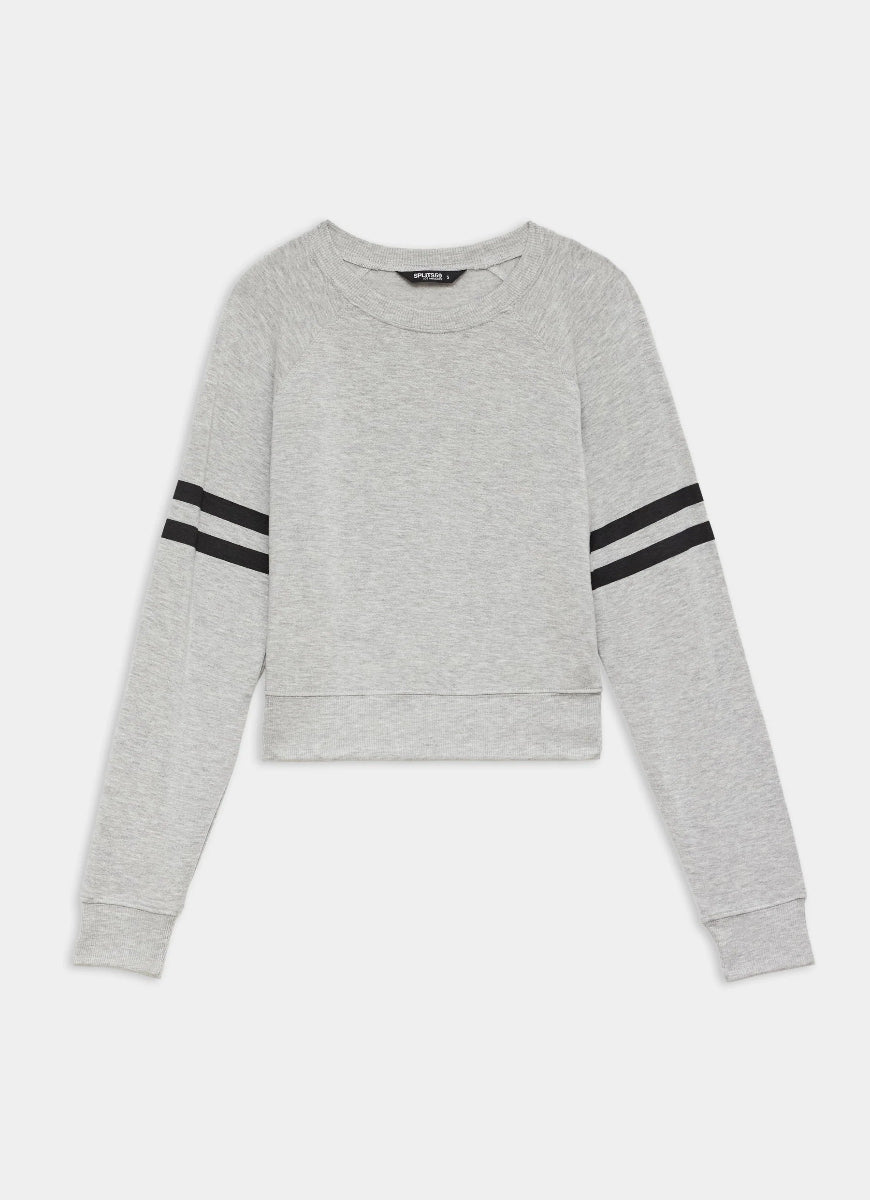 Gray sweatshirt with black stripes on sleeves against a white background