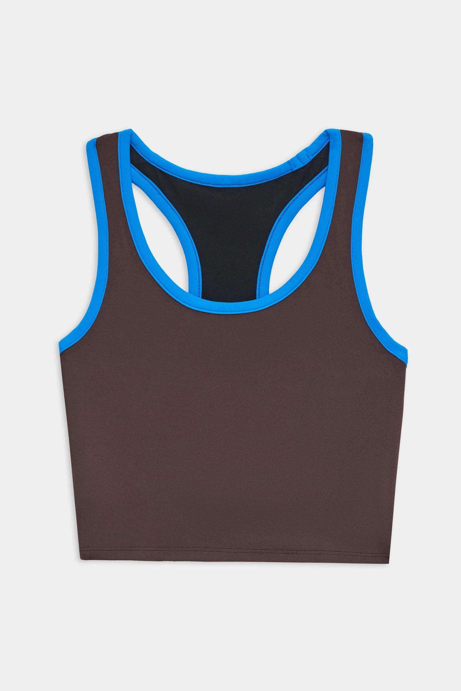 Black tank top with blue trim on a light gray background