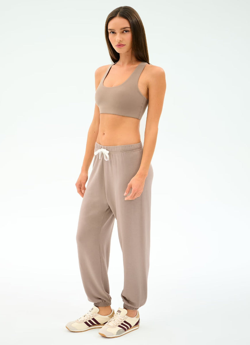 Splits59 Andie Oversized Fleece Sweatpant in Latte Full Length Angled Side View