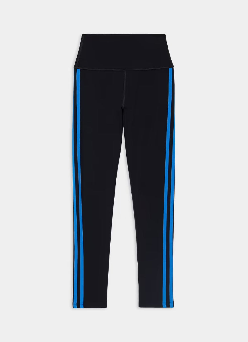 Black high-waisted leggings with bright blue side stripes, shown flat against a light gray background.