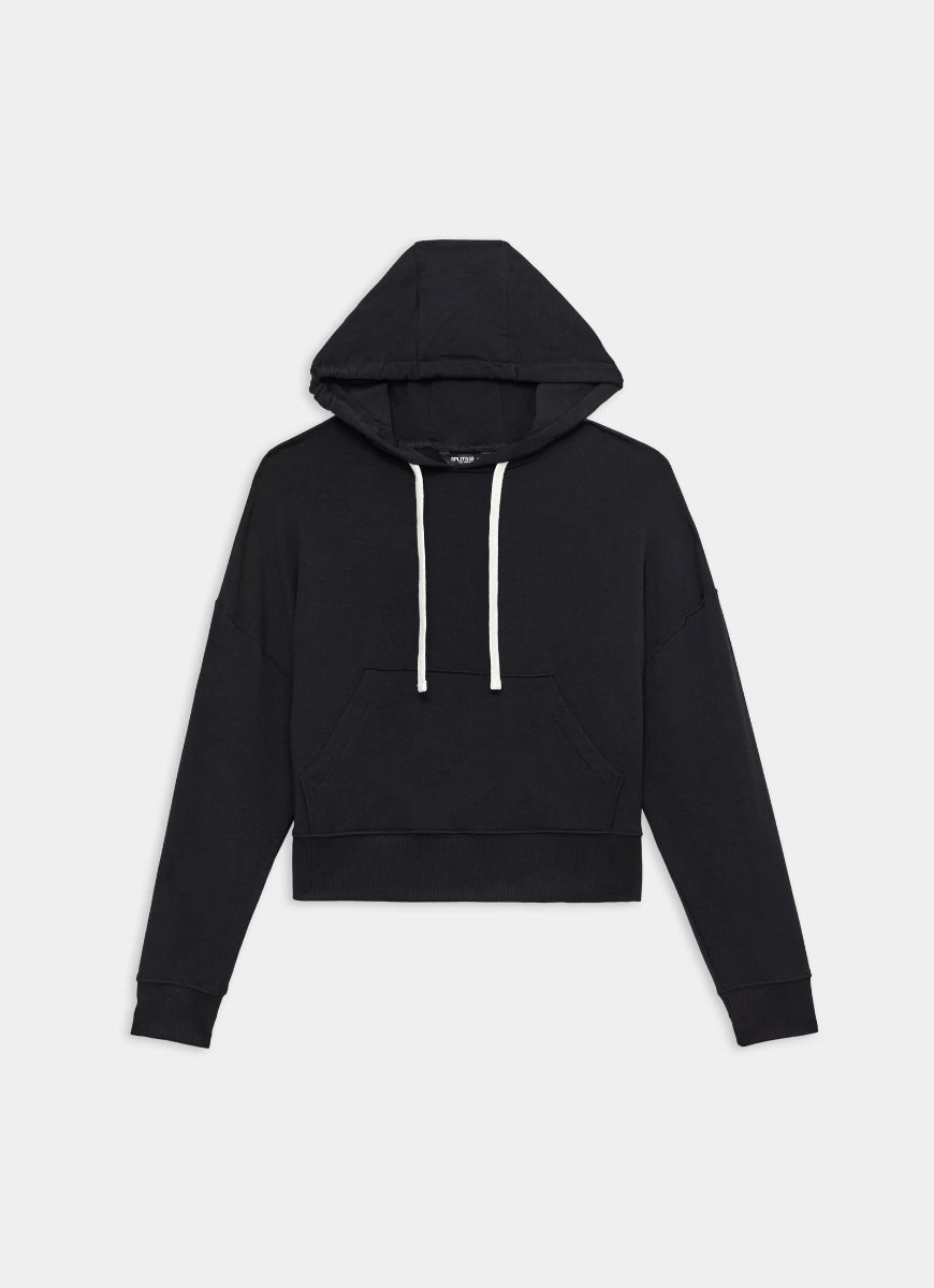 Black hoodie with white drawstrings on a light gray background