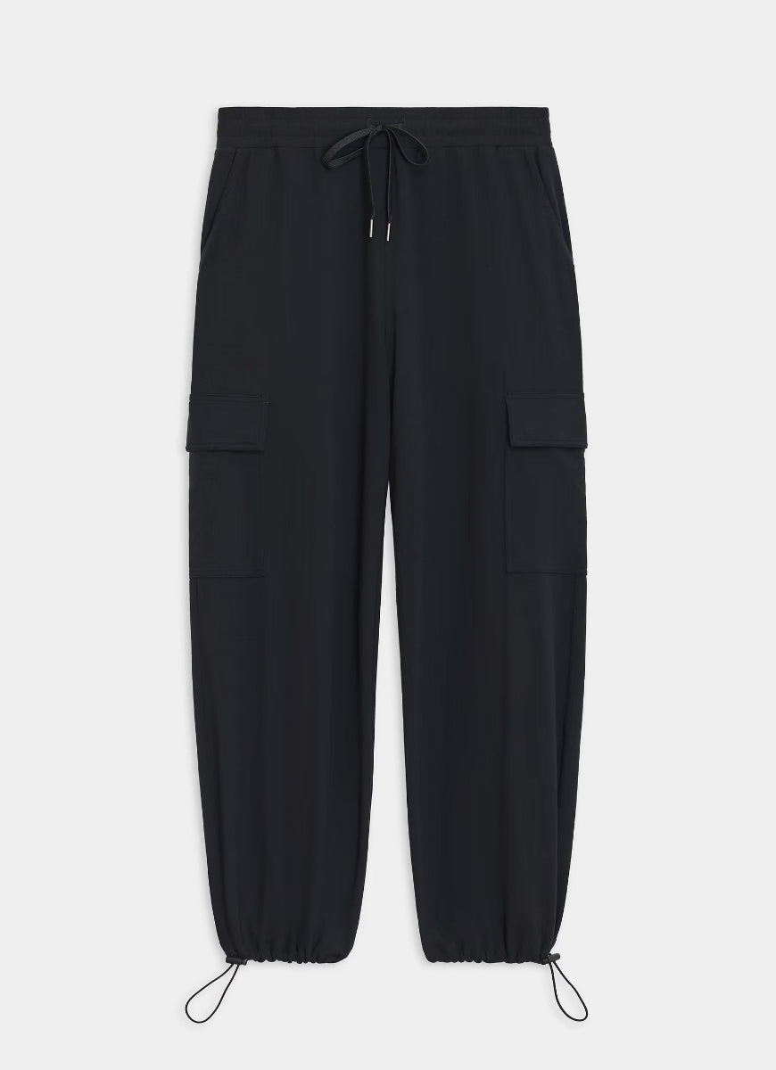 Black cargo pants on a light gray background