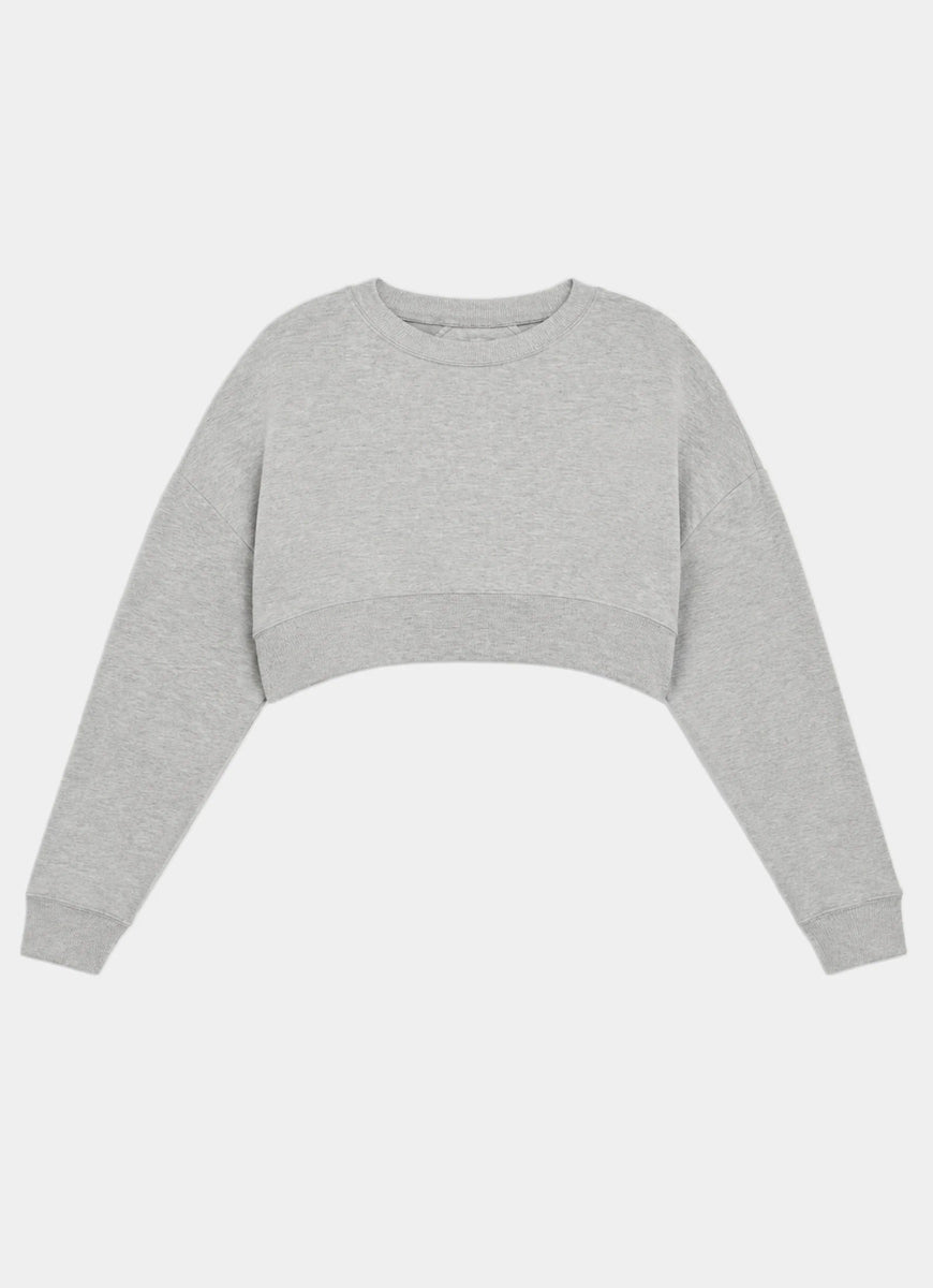 A light gray heather cropped long-sleeve sweatshirt with a wide crew neck and ribbed cuffs, displayed against a solid light gray background.