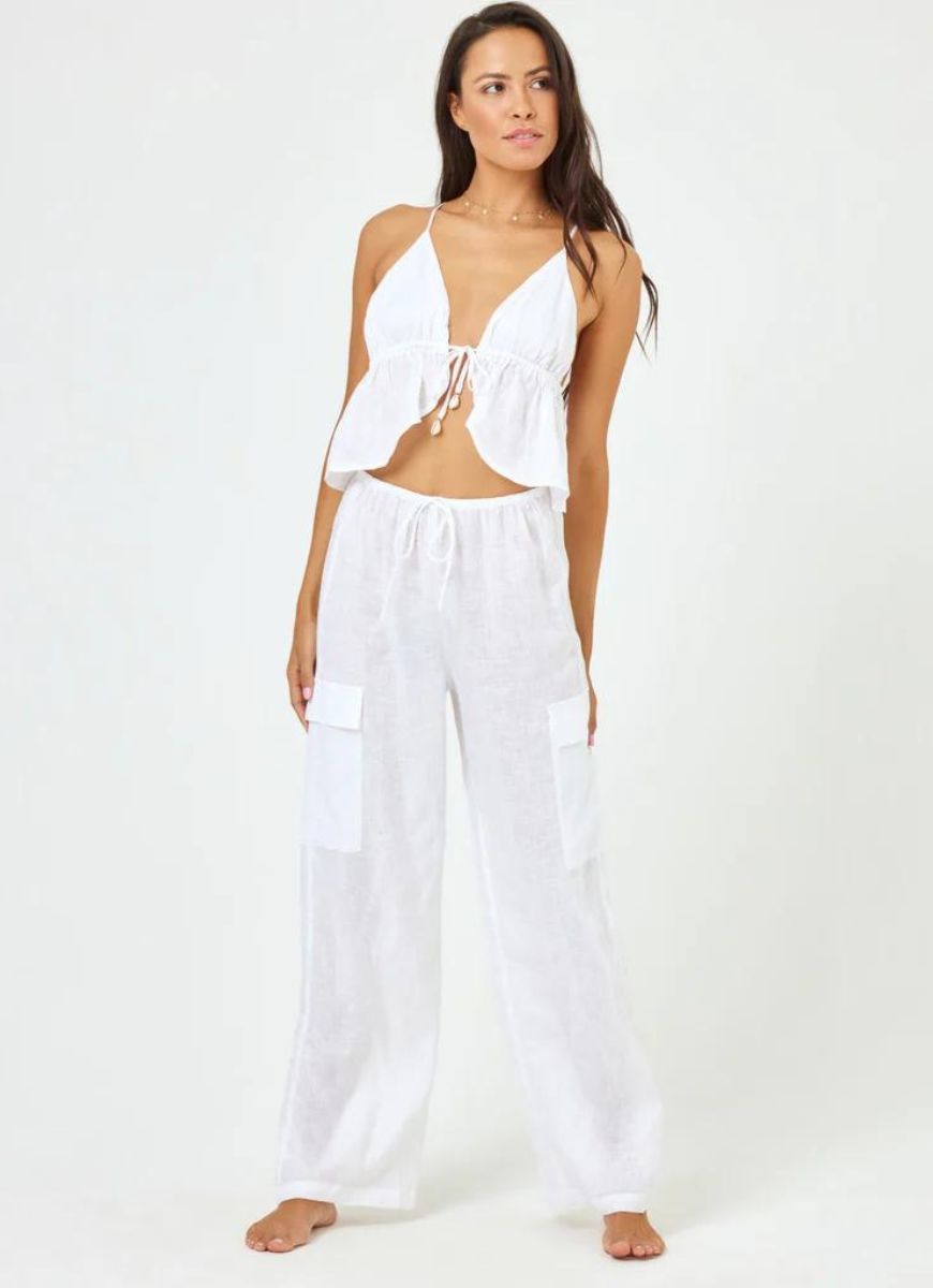 LSPACE Sundown Linen Cargo Pant in White Front View