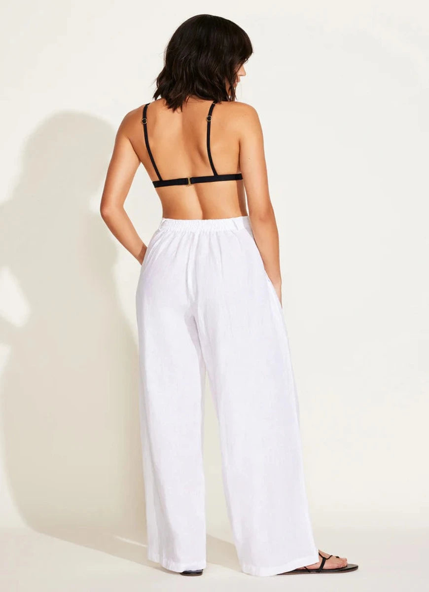 Vitamin A The Getaway Linen Pant in White Full Length Back View