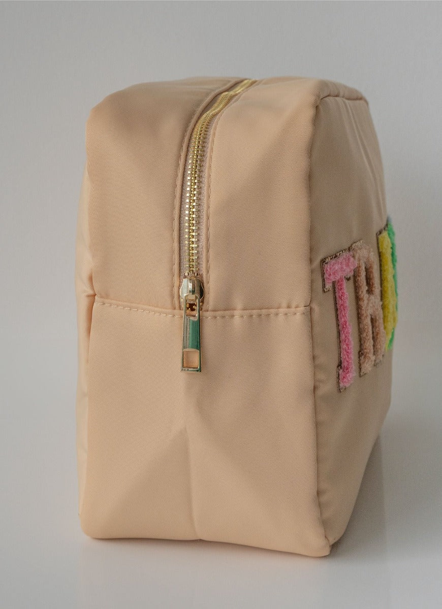 Travel Pouch Large Cosmetic Travel Bag in Sand Side View Showing Zipper