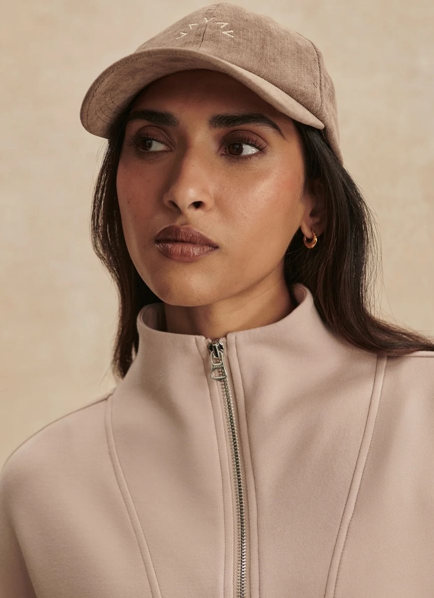 Varley Arlene Zip Through Sweatshirt in Mushroom Close Up Front View