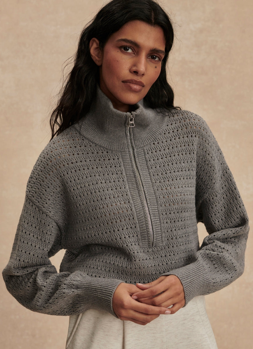 Varley Darla Half-Zip Knit in Silver Filigree Melange Front View