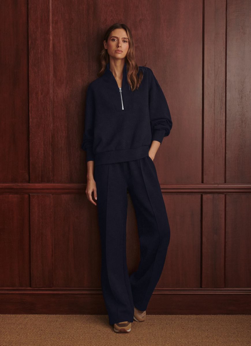 Varley Davidson Sweatshirt in Blue Nights Full Length Front View With Hand in Pocket